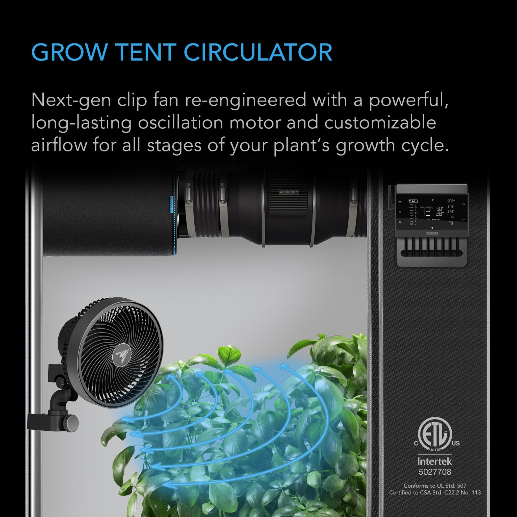 CLOUDRAY A6, Grow Tent Fan with Clip, 150mm, 10 Speeds, EC Motor, Manual Rotation
