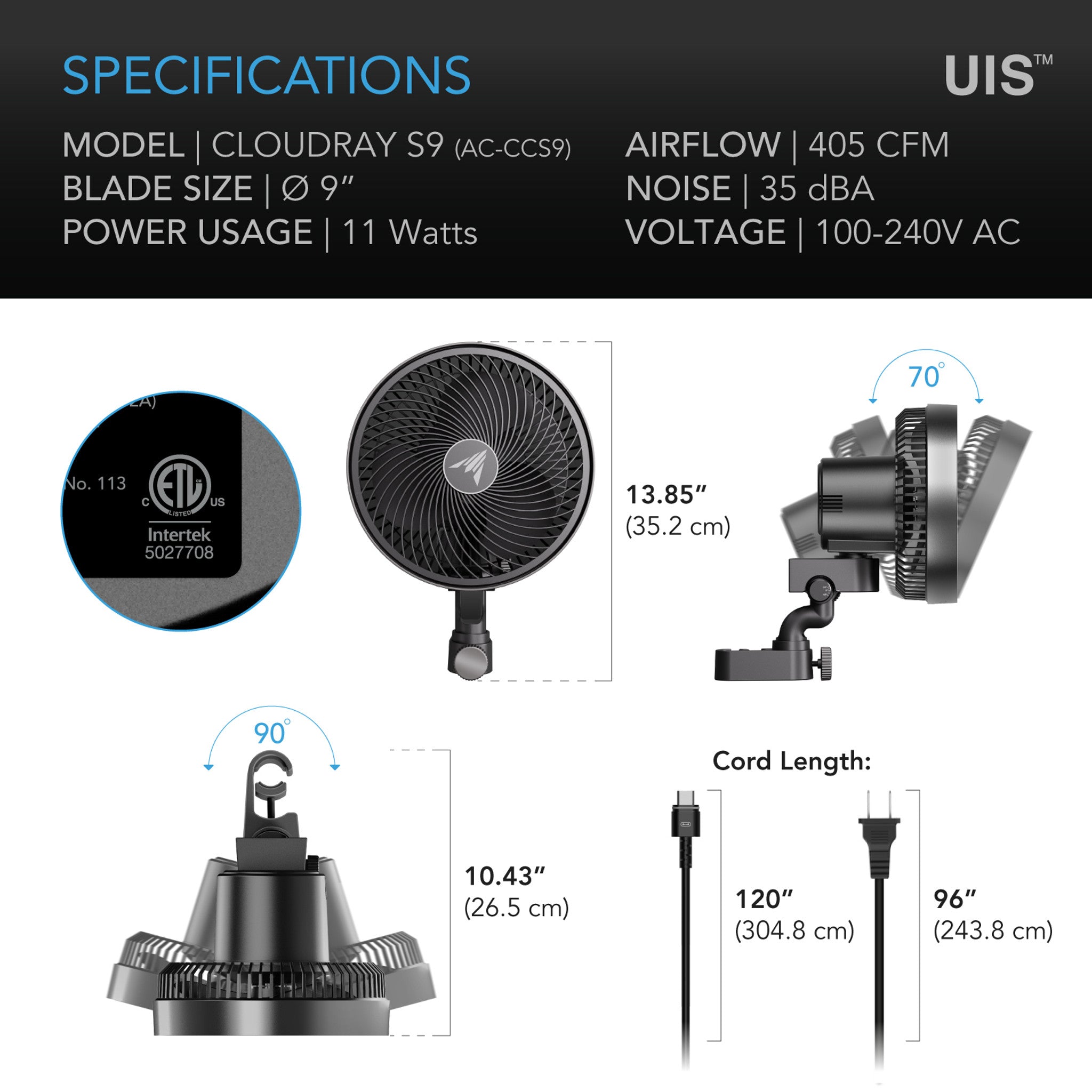 CLOUDRAY S9, Grow Tent Fan with Clip, 225mm, 10 Speeds, EC Motor, Auto Oscillation