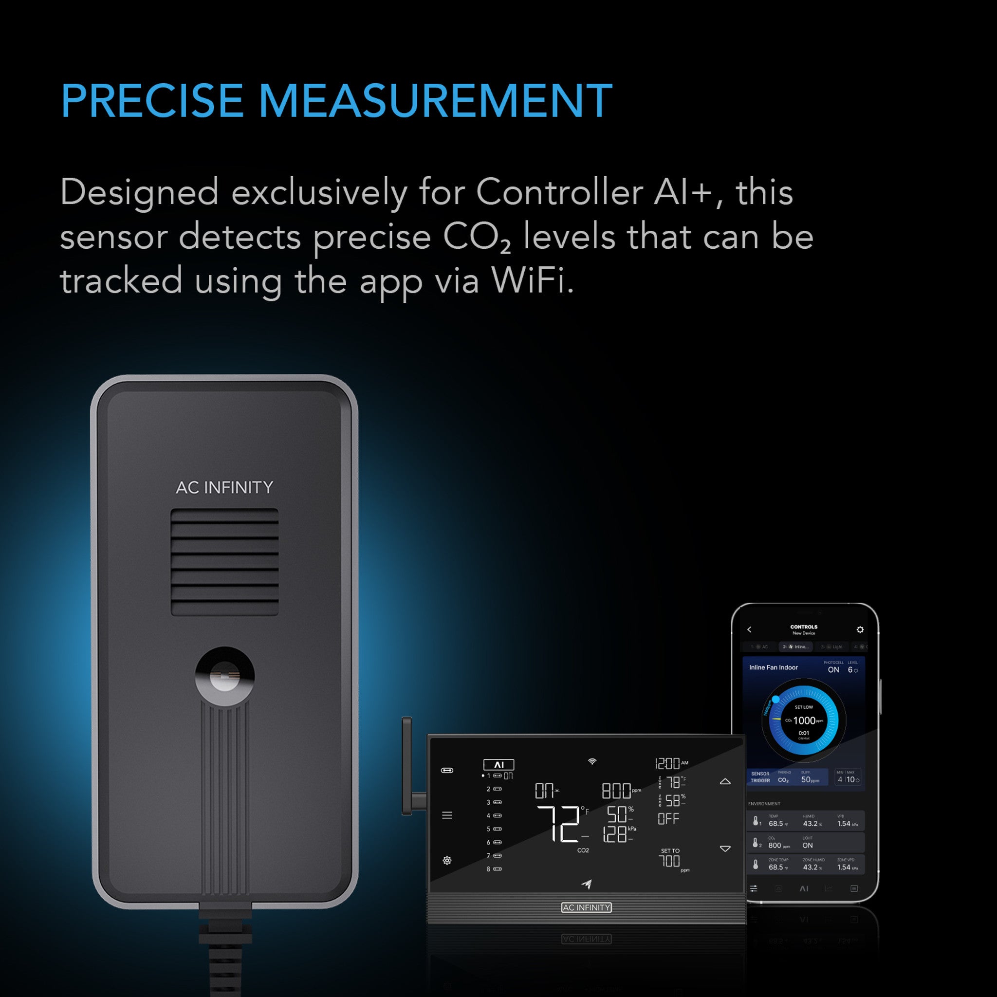 CO2 + Light Sensor exclusively for AI+ Controller, CO2 data tracking, FAE optimized