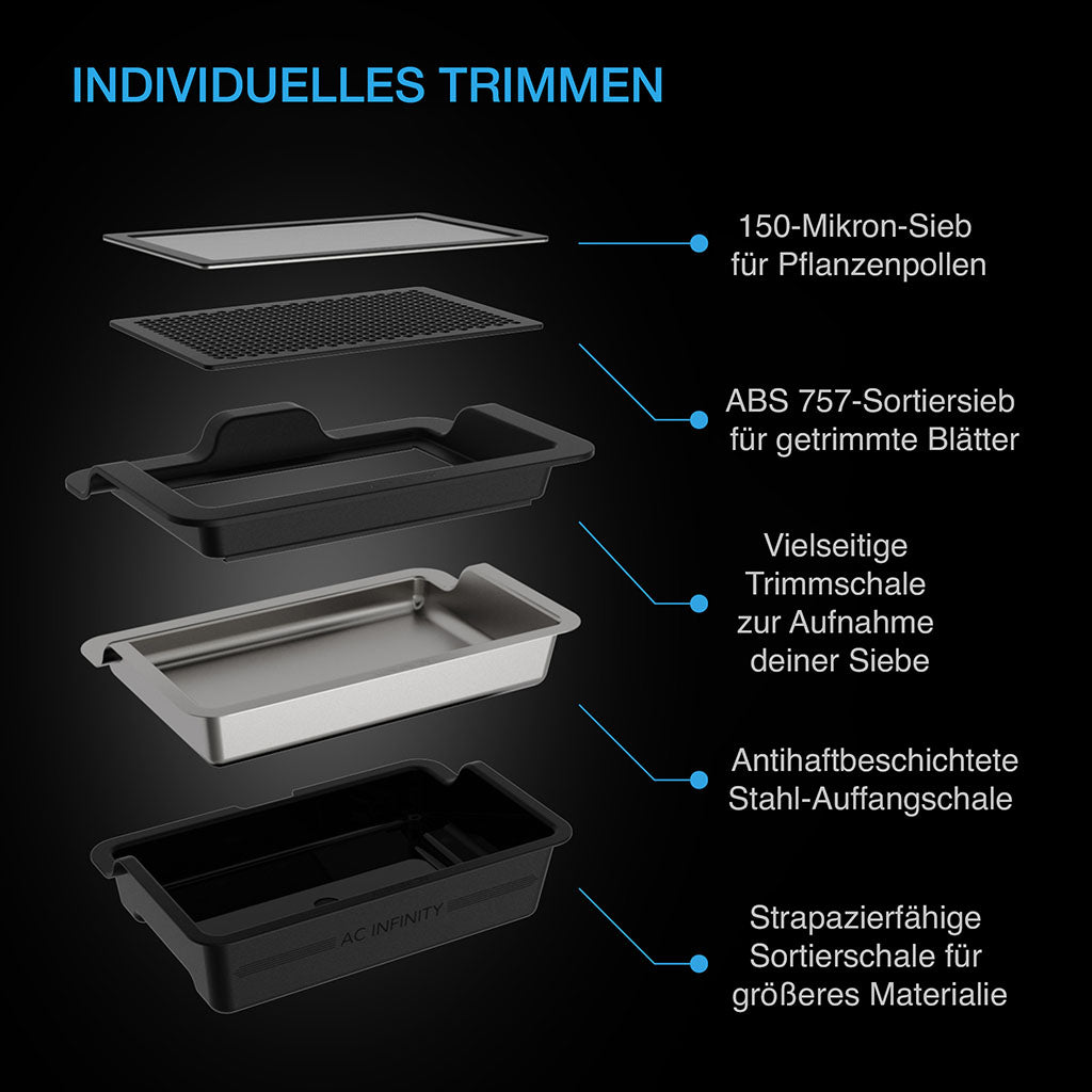 Large trimming tray system, set of 3 trays and 2 screens, interchangeable and ergonomic design