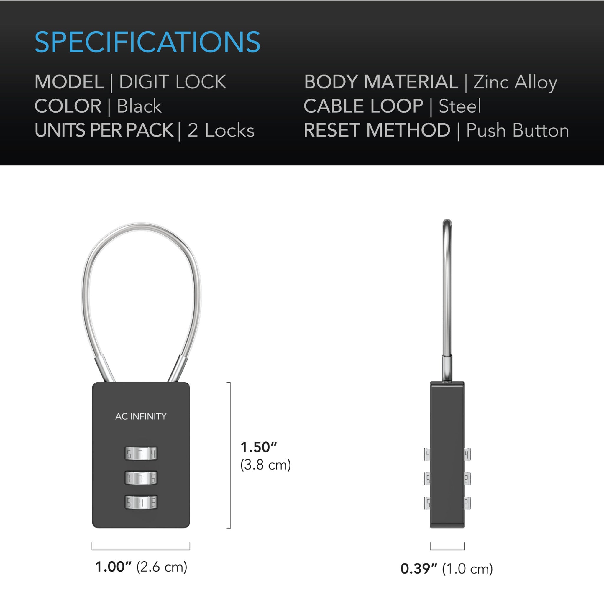 Combination lock, flexible steel cable loop, set of 2