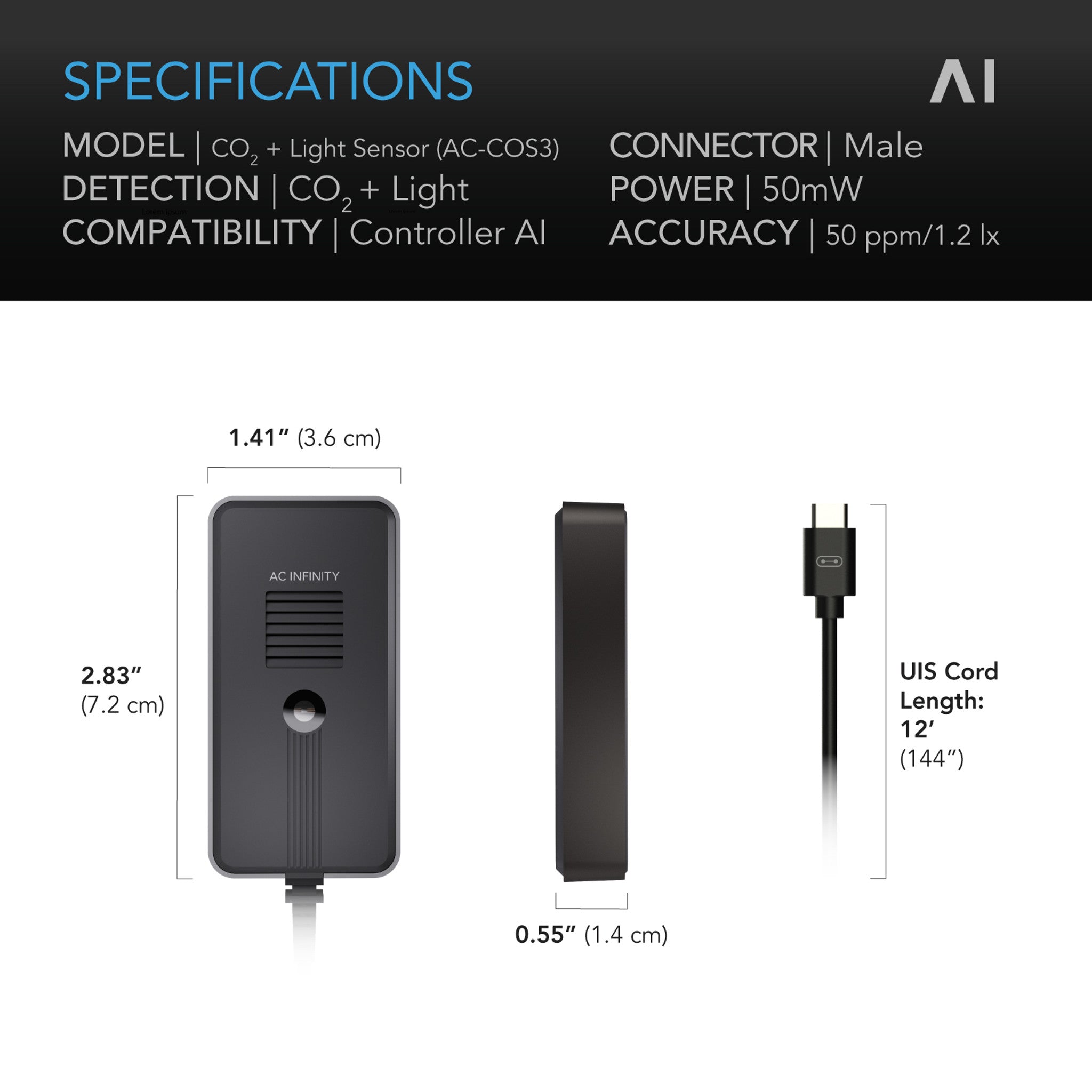 CO2 + Light Sensor exclusively for AI+ Controller, CO2 data tracking, FAE optimized