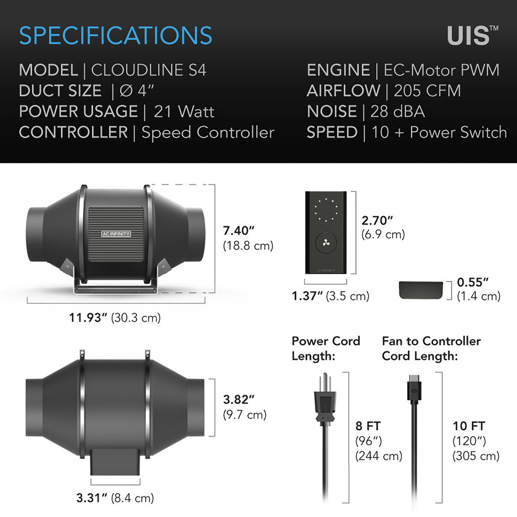 CLOUDLINE S4, Quiet Inline Duct Fan System with Speed ​​Controller, 100 mm
